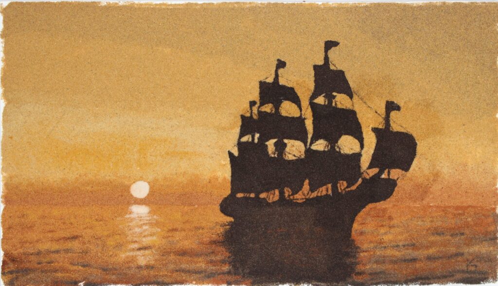 Sand Painting of a Tall Ship at Sunset HD